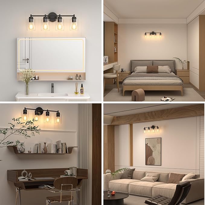 4-Light Bathroom Light Fixtures, Matte Black Modern Vanity Light with Clear Glass Shades, Bathroom Sconce for Mirror Living Room Cabinet Bedroom Porch,E26 Base(Bulbs Not Included)