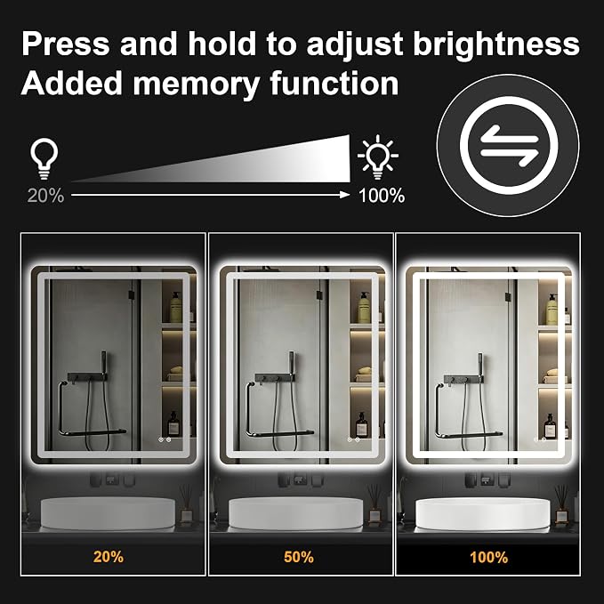 LED Bathroom Mirror with Lights, 30 x 36 Lighted Vanity Wall Mirror | Backlit and Frontlit, Anti-Fog, Dimmable 3 Colors, Shatter-Proof Tempered Glass, Memory Function, Plug-in/Hardwired