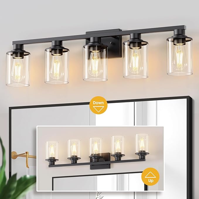 L LOHAS LED 5-Light Bathroom Light Fixtures Over Mirror, Black Bathroom Vanity Lights with Clear Glass Shade, Modern Vanity Lights for Bathroom Living Room Hallway Bedroom