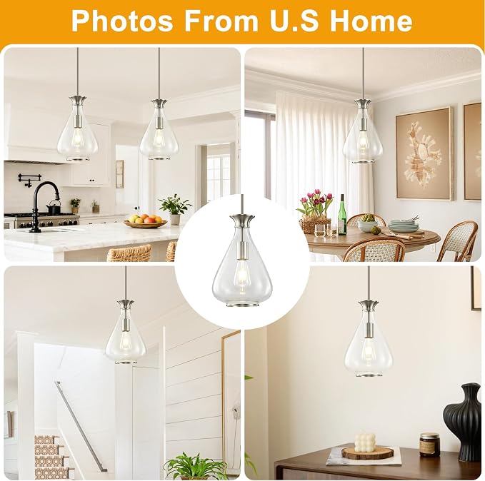 2 Pack Modern Pendant Lights Kitchen Island, Brushed Nickel Pendant Light Fixtures with 8.5" Clear Air Bubble Glass Shade, Industrial Hanging Pendant Lights Fixture for Kitchen Island Dining Room
