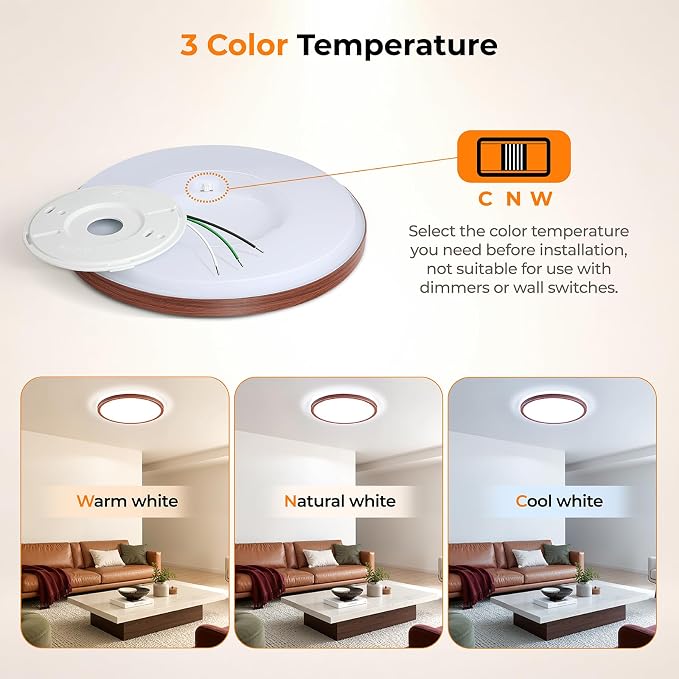 LED Flush Mount Ceiling Light, 12 Inch 24W 3000K/4000K/5000K Hardwire Light Fixture, Ultra Thin Round White Lamp for Kitchen Porch Bedroom Hallway Stairwell Basement- Walnut