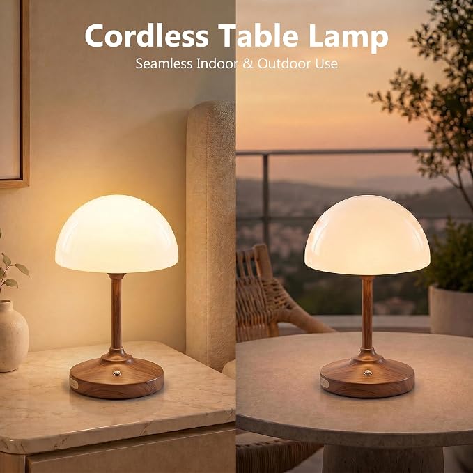 Table Lamp Cordless Lamp,5000mAh Rechargeble Battery Operated Lamp | Small Bedside Desk Lamp 11.02" with Glass Shade 3-Way Dimmable Portable LED Table Light,for Outdoor,Dinner(Walnut Wood Grain)