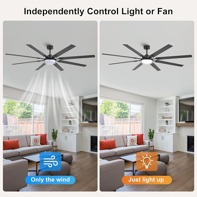 80 Inch Ceiling Fans with Lights and Remote,Living Room Office Library Cafe Outdoor, 5CCT Dimmable, Dual Color 8 Blades, 6 Speed Reversible Quiet DC Motor, Dual-Layer Shade, Black/Wood Grain