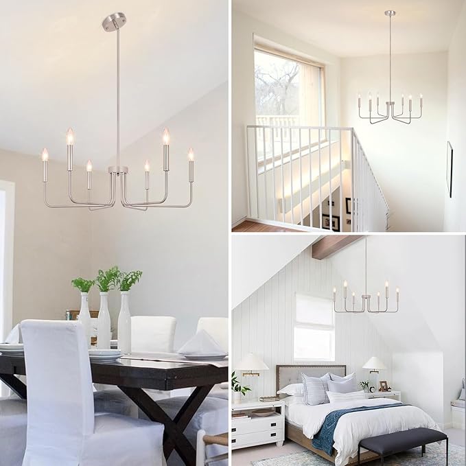 6-Light Farmhouse Chandelier for Dining Room Lighting Fixtures Hanging, Brushed Nickel Candle Chandelier, Rustic Industrial Modern Chandelier for Living Room, Bedroom, Foyer, Kitchen