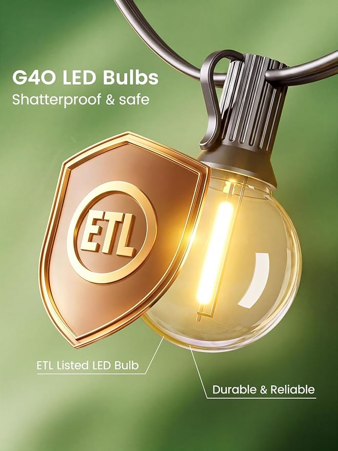 LACHON Outdoor String Lights 50FT, Patio Lights Outside with 25 G40 Shatterproof LED Bulbs, Waterproof Dimmable Hanging Connectable Globe Outdoor Lights for Backyard, Bistro, Porch, Deck, Balcony