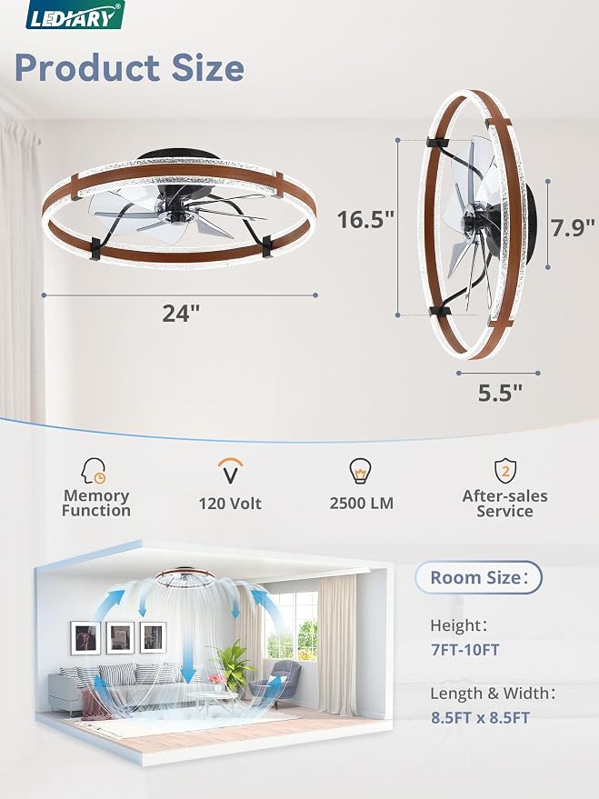 LEDIARY 24'' Modern Low Profile Ceiling Fans with Lights and Remote, Walnut | 3000-6000K Dimmable LED, 6 Wind Speeds, Quiet Reversible DC Motor, Small Flush Mount Fandelier for Bedroom, Living Room