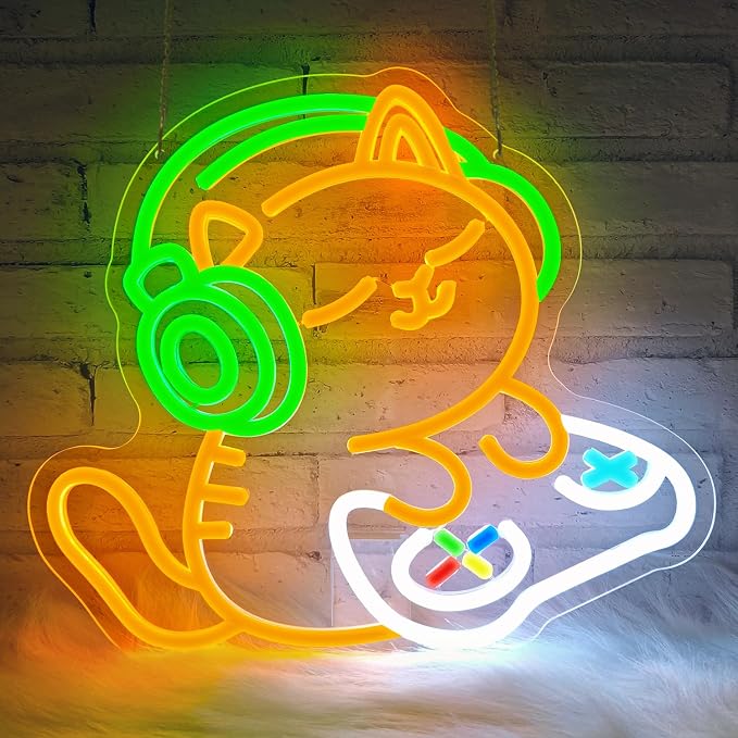 Cat Gaming Neon Sign for Wall Decor, Cute Gamer Cat LED Neon Light with Headphones & Game Controller, USB Powered Dimmable Gaming Room Neon Sign for Bedroom Desk Setup Man Cave Decor