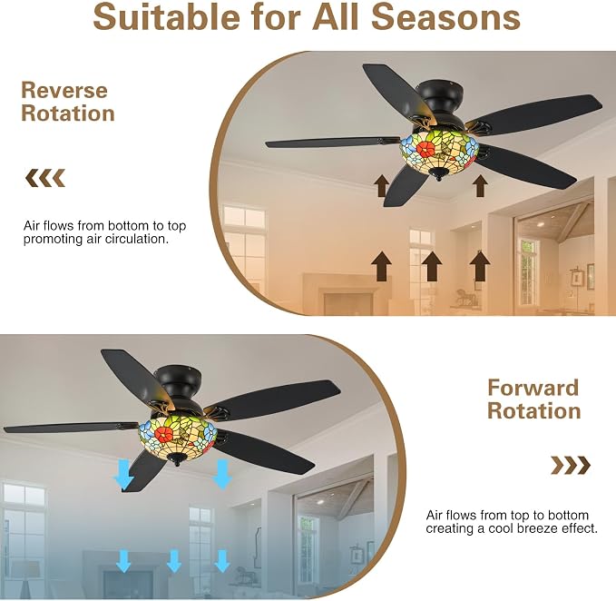 Tiffany Ceiling Fans with Lights-52"Ceiling Fan Chandelier and Glass Shade | 52" Ceiling Fan Chandelier with 5 Dual-Blades and Glass Shade, 6 Speeds and Reversible, Indoor and Outdoor, Retro Style