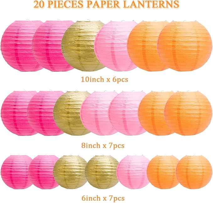Paper Lanterns Party Decorations, Hanging Round Chinese Lanterns for Graduation Baby Shower Birthday Decorations Pack of 20 Pink Orange
