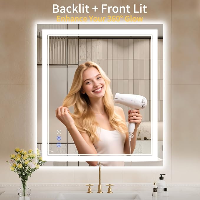 32"x36" LED Bathroom Mirror with Lights, Anti-Fog, Backlit + Front Lit, Dimmable, Lighted Bathroom Mirror, 3 Colors, Shatter-Proof Tempered Glass