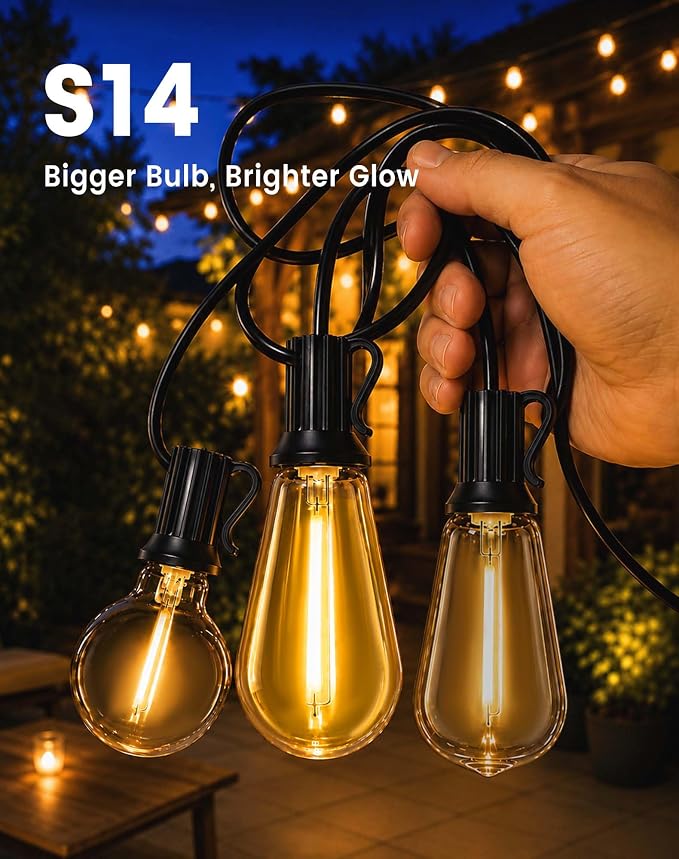 30FT(24+6) Outdoor String Lights, 2FT Spacing 12 LED Edison Bulbs, Waterproof, Shatterproof, Dimmable, Warm White, 3 Modes, Timer, Plug in Hanging Backyard Lights for Outside, Patio