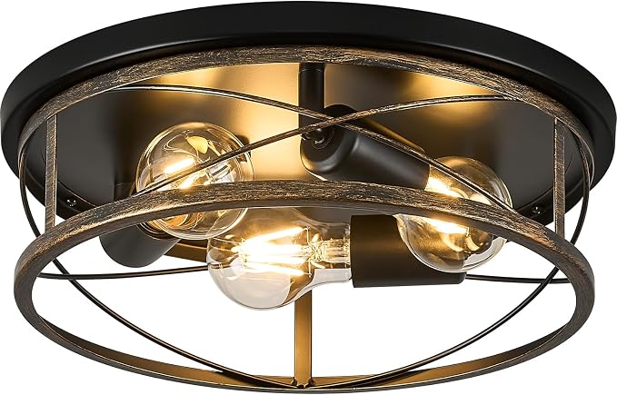 Farmhouse Light Fixtures, Rustic Black Round Metal Flush Mount Ceiling Light, 3-Light Cage Ceiling Lamp for Kitchen, Foyer, Bedroom, Hallway（Bulbs Not Included）
