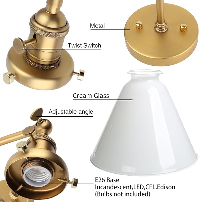 Double Sconce Vintage Industrial Gold 2-Lights Wall Sconces with Funnel Flared Glass Milk Glass Shade Antique Scocne for Bathroom Living Room Home Office