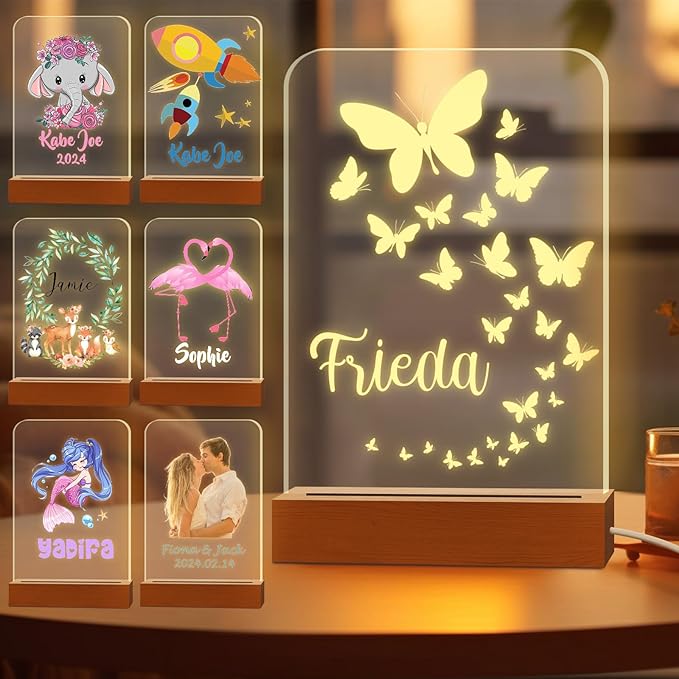 Personalized Night Light for Kids Custom Engraved Name Acrylic LED Lights with Wood Base for Nursery Bedroom Decor Night Lamp, Customized Birthday Gifts for Girl,Butterfly