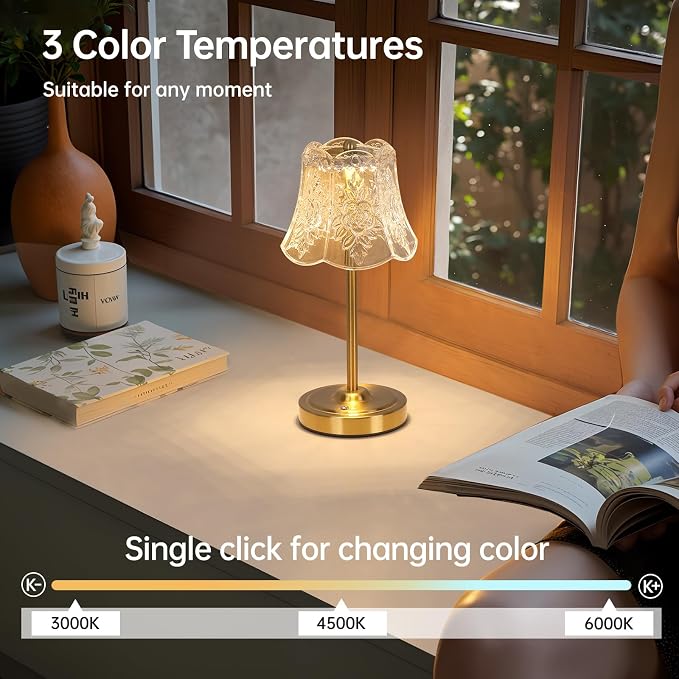 Shenmoyl Cordless Touch Table Lamp with 5200mAh Battery - 3 Adjustable Color Temperatures & Dimmable, Rechargeable Desk Lamp for Bedroom, Living Room, Office, Entryway, Bookshelves (Transparent Rose)