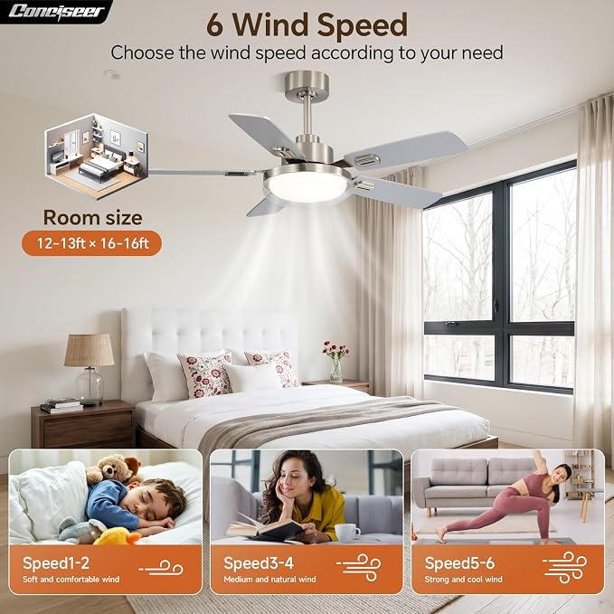 44 Inch Ceiling Fans with Lights and Remote, Bedroom Living Room Office Outdoor , 5CCT Dimmable, Dual Color 5 Blades, 6 Speed Reversible Quiet DC Motor, Dual-Layer Shade, Sand-nickel/Wood Grain