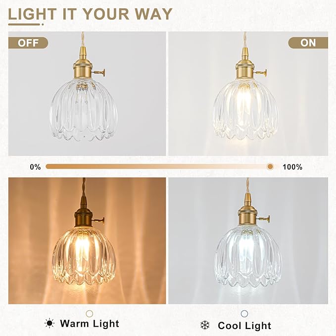 2 Pack Plug in Pendant Light Fixtures, Hanging Light Fixture Vintage Glass Pendant Light, Mini Transparent Tulip Hanging Lamp, Pendant Lighting for Kitchen Island, Bedroom, Dining Room, Living Room