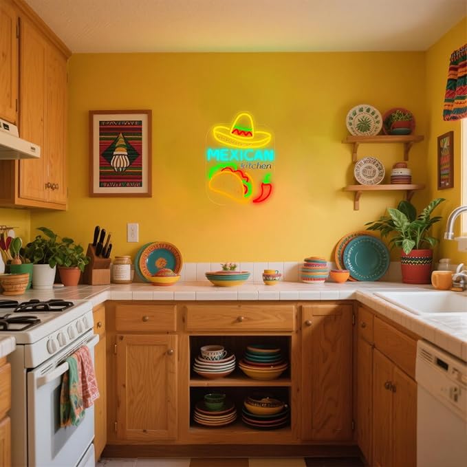 Mexican Taco Bar Neon Sign - LED Restaurant Decor for Mexican Kitchen, Taco Party Decorations, 16.5x12" USB Wall Light - Mexican Food Gifts for Restaurants & Homes