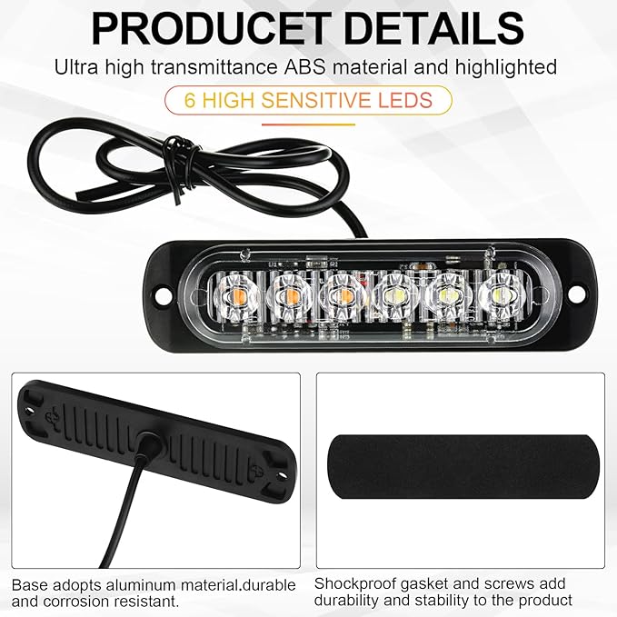 20 Pack LED Emergency Strobe Lights 6 LED Amber White Surface Mount Flashing Lights Warning Emergency Flashing Lights Construction Caution Lights for Truck Off Road Car Firefighter Vehicles ATV SUV