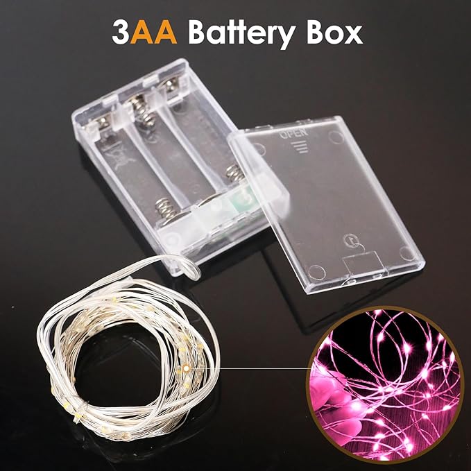 kolpop 5 Pack Fairy Lights Battery Operated with Timer, 50 LED Mini String Light Battery Powered, Pink Tiny Lights for Indoor Wedding Decorations