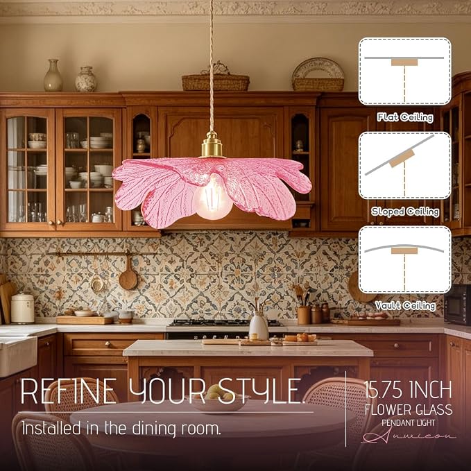 Art Decor Leaf Pendant Light Modern Hanging Ceiling Light Large Vintage Retro Pendant Lights 15.75" Pink Glass Shade for Kitchen Island Dining Room Entryway