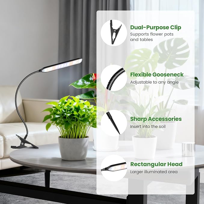 Plant Lights, LED Full Spectrum with Gooseneck & Clip, 3Pack | 6000K Rectangular Grow Lights for Indoor Plants, Timer 6/12/16Hrs, 3 Spectrums, 5 Dimmable Levels, for Pot & Table