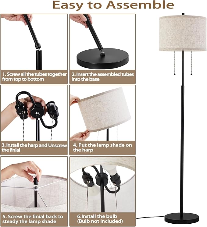 Luvkczc Floor Lamp, 62" Standing Lamp Tall Lamp with Fabric Lampshade&Pull Chain Corner Floor Lamps for Living Room, Bedroom,Office Corner (Black 2 Bulb Socket)