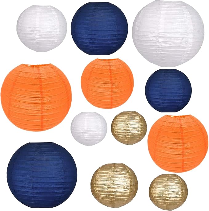 12Pcs Paper Lanterns 6”, 8”, 10”, 12”,Paperlanterns Party Decoration, Dark Blue White Orange Gold Paper Lanterns for Wedding, Bridal, Birthday, Outdoor, Home, Garden, Holiday and Party.