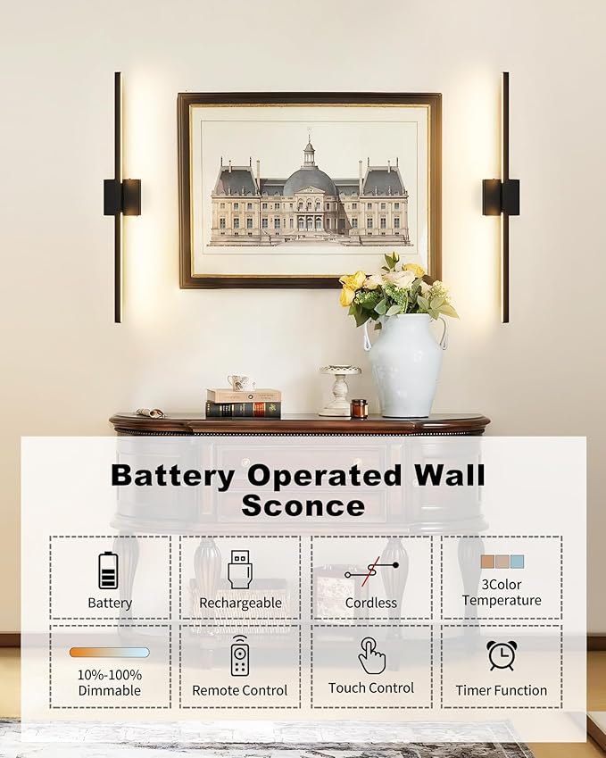 Rayogale 32 Inch Battery Operated Wall Sconces with Remote Control | 3000K-6000K Dimmable Black Wireless Rechargeable Wall Sconces Set of Two with Timer for Living Room, Bedroom, Stairwell, TV