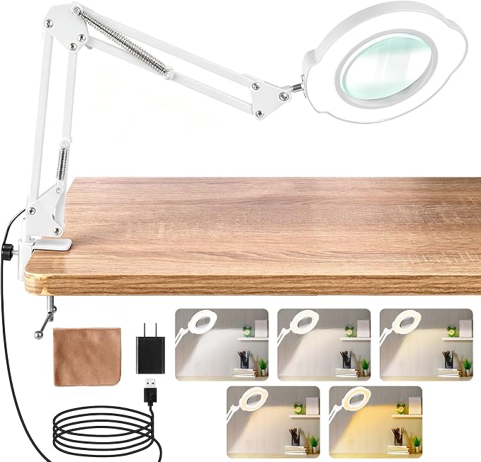 White 10X Magnifying Glass with Light and Stand, LED Desk Lamp with Clamp, 5 Color Mode, 10 Dimmable Levels, Hands Free for Reading Crafts Jewelry Sewing Close Work