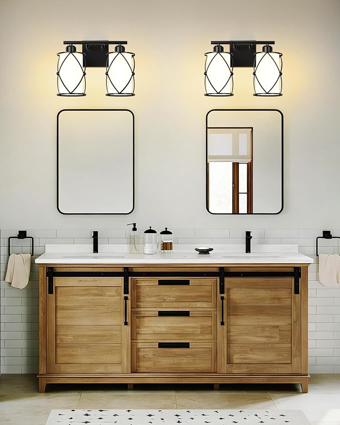 2-Light Black Bathroom Light Fixtures with Milk White Frosted Glass, 13.8" Modern Bathroom Vanity Lighting Fixtures Over Mirror with Metal Cage, Wall Sconce Lights for Bath, E26, CH9176BKW-2W