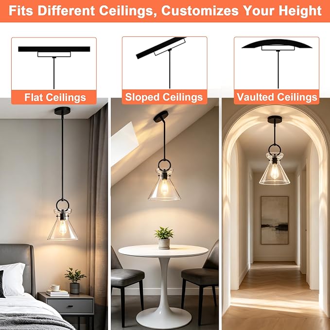 Glass Pendant Lights Kitchen Island Black 9.84'' Clear Glass Shade | Modern Pendant Lighting Over Sink, Adjustable Hanging Ceiling Light, E26 Dimmable Hardwired for Dining Room Hallway, 1-Pack
