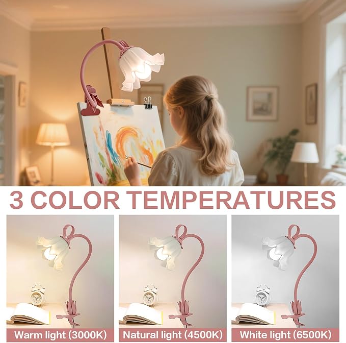 Clip On Light and Flower Bedside Table Lamp, Flexible Gooseneck Reading Book Light with 3 Color Modes, Night Light for Kids Nursery, Clip on for Desk, Bed Headboard, Dorm (Pink)