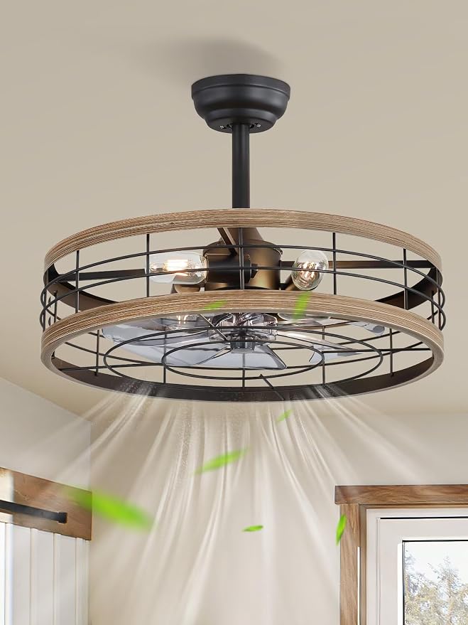 LEDIARY 22 inch Caged Fandelier Ceiling Fan Light with Remote, Brown | 6 Speed Adjustable,Timing, Quiet & Powerful DC, Large, Farmhouse, Industrial, Enclosed, Bladeless, Bedroom, Kitchen, Downrod