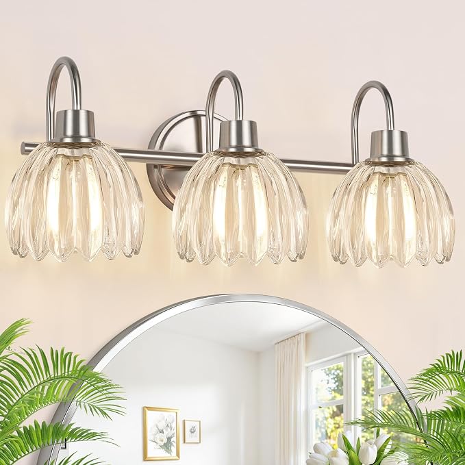3-Light Bathroom Light Fixtures, 20" Vanity Light Over Mirror with Ribbed Clear Tulip Glass Shades, Brushed Nickel Wall Lights for Bathroom, Bedroom, Living Room, Hallway (Bulb Not Included)