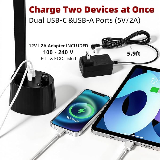 BOHON Small Desk Lamp with USB C Charging Port 5 Colors Stepless Dim Black | Reading Light Space-Saving Rotating Head Desk Lamp for Home Office College Dorm Room Bedside Table Bedroom