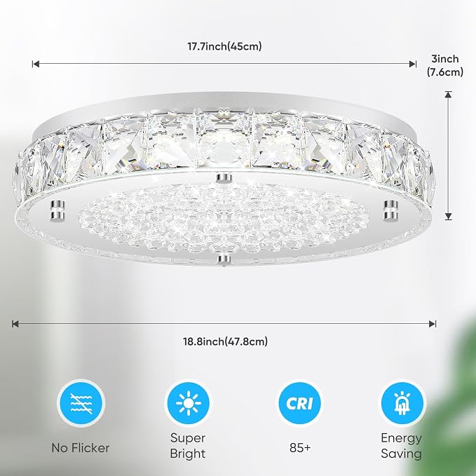 Crystal Flush Mount Ceiling Light, LED Chandeliers Light Fixture 19-Inch, 5000K Daylight White Super Bright 5000LM Dimmable Farmhouse Kitchen Lighting Modern Ceiling Lamp for Bedroom Bathroom Nursery