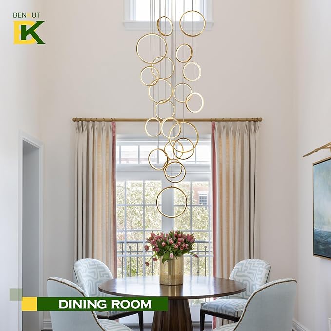 20 Ring High Ceiling Chandelier Foyer, Gold Modern LED Large Staircase Long Chandeliers Light Fixture with Remote for Staircase Entryway Living Room Dining Room(118in, 3000K-6500K)