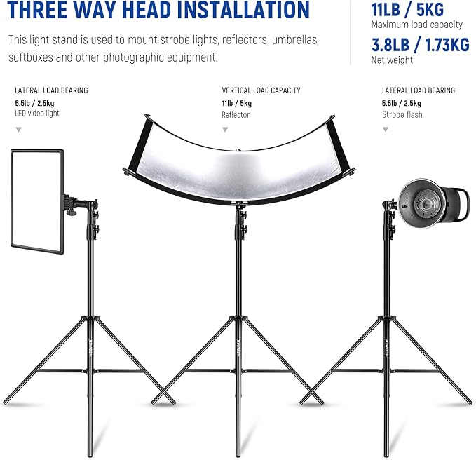 NEEWER 8.5ft/2.6m Air Cushioned Light Stand, Heavy Duty All Metal Tripod Stand with 1/4" to 3/8" Reversible Spigot, 3 Way Mounting Interface & Metal Locking Knobs, Max Load 5.5lb/2.5kg, ST-260AC | Metal Stand, 1/4" to 3/8" Reversible Spigot, 3 Way Moun...