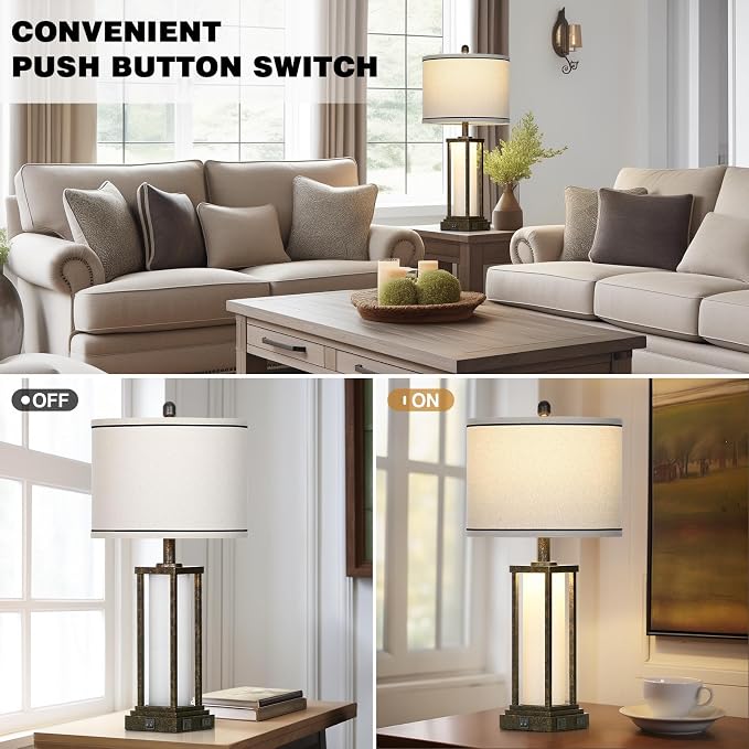 27" Tall Vintage Table Lamp with USB C+A & Outlet,Bronze Industrial End Table Lamp for Living Room,Farmhouse Rustic Bedside Lamp with Frosted Glass Night Light for Bedroom Nightstand,Bronze-1P