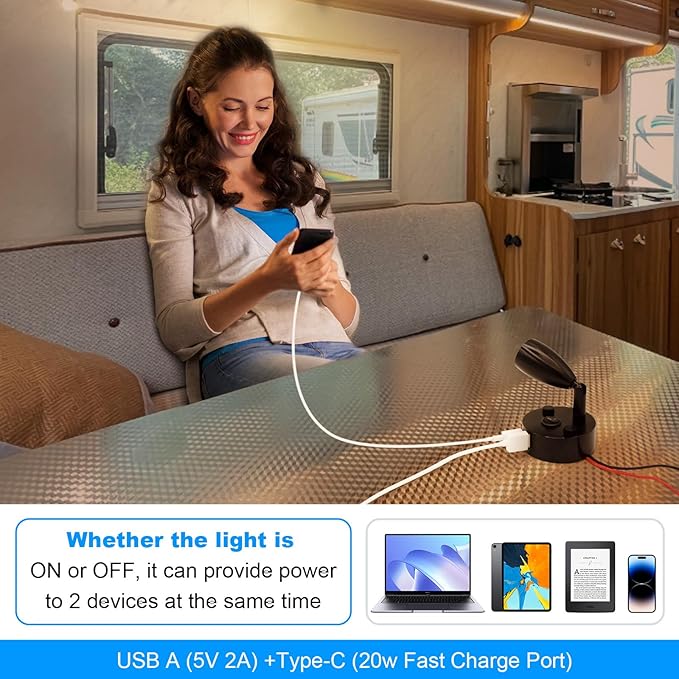 2-PCS RV Reading Lights 12V Interior with USB-A & USB-C Charging Ports, Rotatable Camper LED Light Fixture, RV Bedside Light for Motorhome, Camper, Travel Traile, Boat and Van