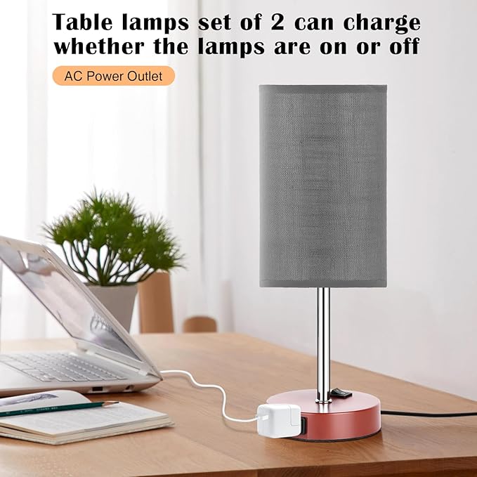 ZJOJO Table Lamp for Bedroom Set of 2, Bedside Small Lamps with 3 Way Dimmable Rocker Switch and AC Outlet, Nightstand Desk Lamp with Gray Fabric Shade Brown Base for Living Room Home Decor Lights
