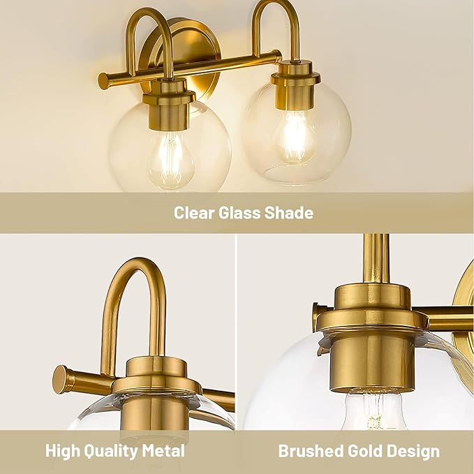 Gold Bathroom Light Fixtures 2 Light Vanity Lights Over Mirror with Clear Glass Lamps Shades Bathroom Wall Lamp for Mirror Kitchen Bedroom Hallway Living Room