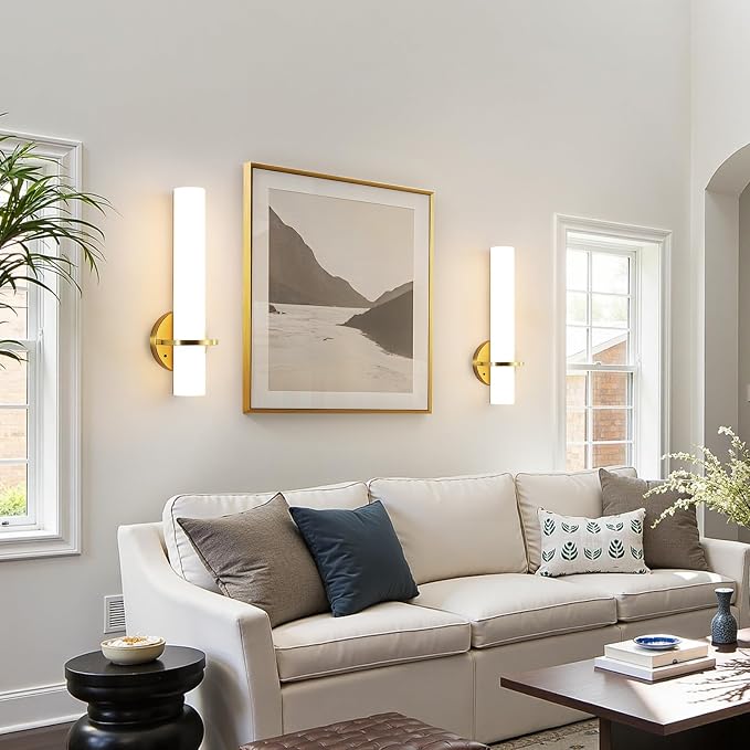 AIJIASI Battery Operated Gold Wall Sconces - 15 Inch Modern Sconce Wall Lighting 3000K-6000K Dimmable LED Wall Sconces Set of Two, Indoor Bathroom Sconce for Living Room Bedroom Hallway Stairway
