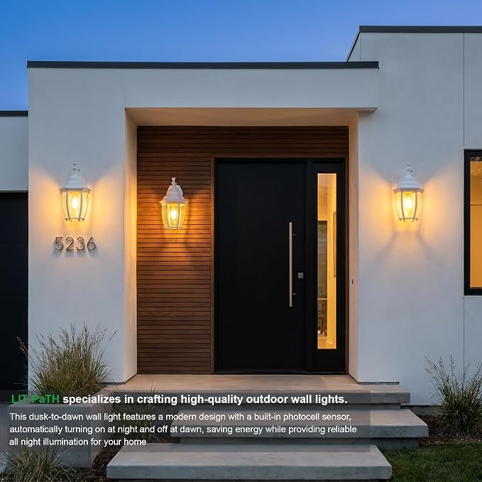 Outdoor Wall Light Fixture, Rustproof Aluminum, Glass | Dusk to Dawn Large Exterior Porch Light Wall Sconce Lantern for House, Patio, Garage, Waterproof, E26 Socket 60W Max, White