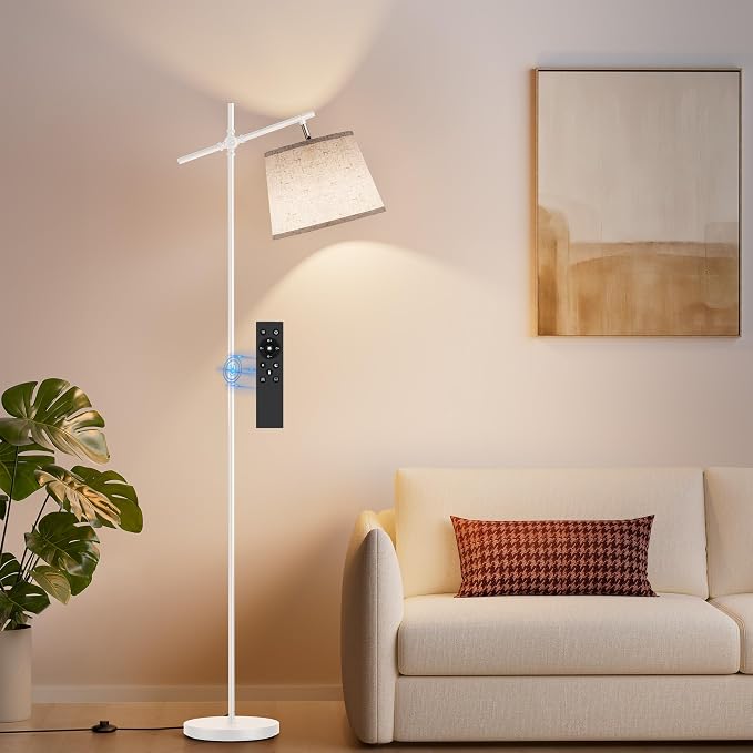 Floor Lamp with Linen Shade, Dimmable Tall Standing Lamp with Remote Control & 3 Color Temperatures Bulb, Modern Swing Arm Floor Lamps for Living Room Bedroom Office Corner