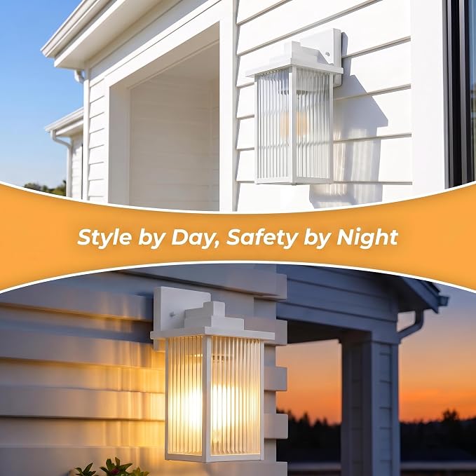 2-Pack 13" White Outdoor Wall Light, All-Metal Frame Porch Light | Textured Glass Softens Glare, Stays Bright. Anti-Yellowing White Metal. Pre-Assembled DIY Install. For Porch, Garage & Entry