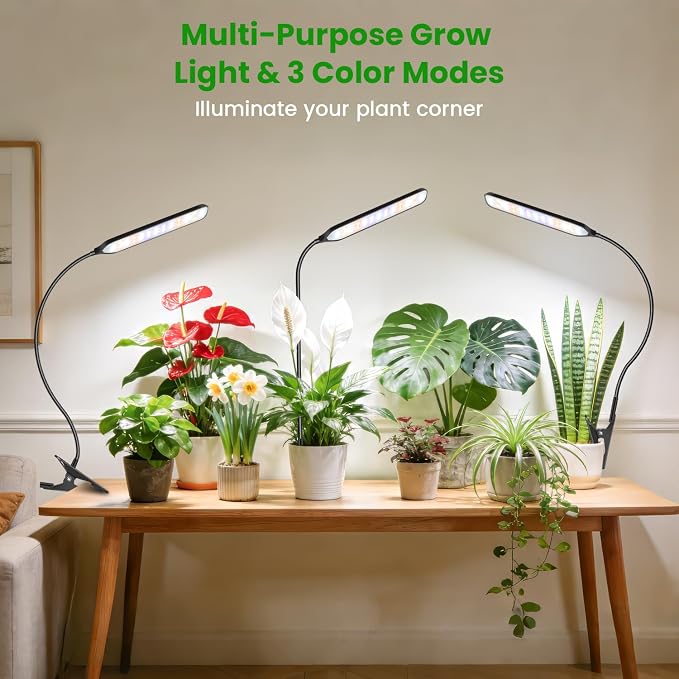 Plant Lights, LED Full Spectrum with Gooseneck & Clip, 3Pack | 6000K Rectangular Grow Lights for Indoor Plants, Timer 6/12/16Hrs, 3 Spectrums, 5 Dimmable Levels, for Pot & Table