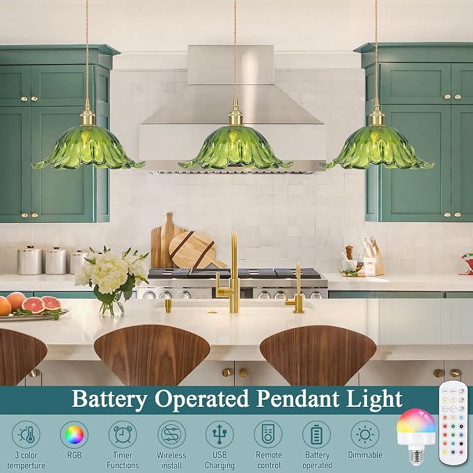 Battery Operated Pendant Light,Green Chandelier 2500mAh RGB Light Bulb 11in Vintage Light Fixtures with Remote Control Wireless Adjustable Rechargeable Chandelier for Kitchen Island Hallway 1Light