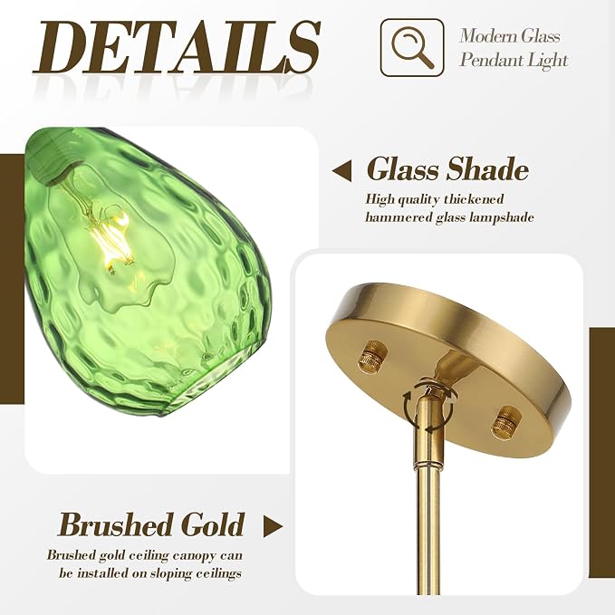 Glass Pendant Lights Kitchen Island, 1-Light Modern Green Pendant Light Fixtures with Hammered Glass and Rods, Small Hanging Light for Kitchen Sink Dining Room Bathroom